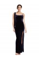 Sleeveless Dark Navy Low Back Sheath Spaghetti Straps Formal Evening Dress