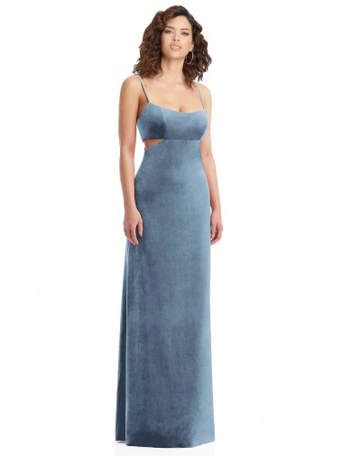 Sleeveless Dusty Blue Low Back Sheath Square Neck Formal Evening Dress UK Factory