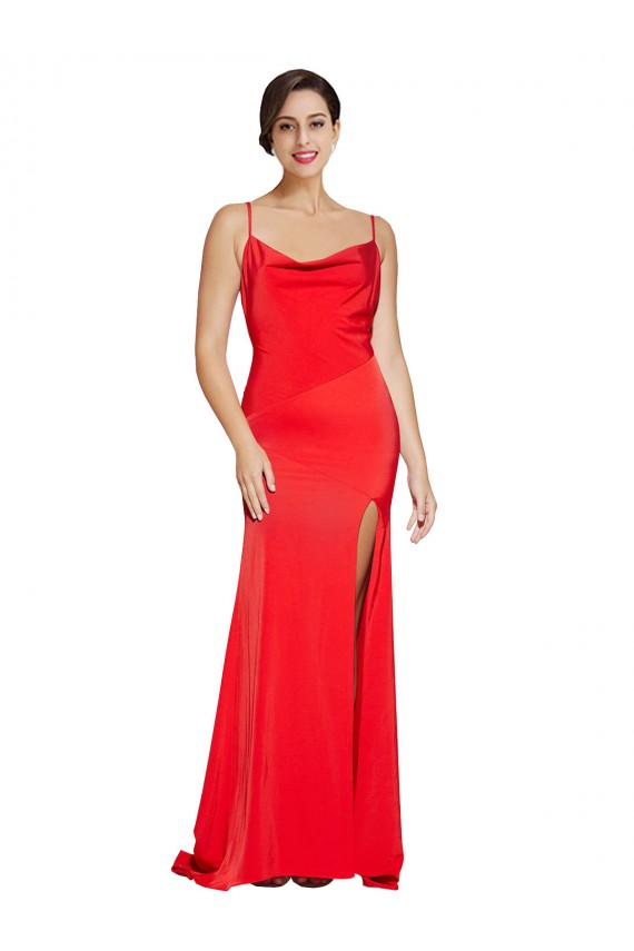 Sleeveless Red Low Back Sheath Cowl Neck Formal Evening Dress