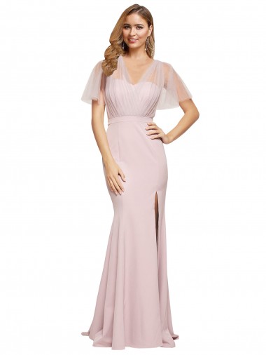 Short Sleeves Mauve Low Back Sheath One Shoulder Formal Evening Dress UK Factory