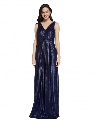 Sleeveless Dark Navy V-Back Sheath V-Neck Formal Evening Dress UK Factory