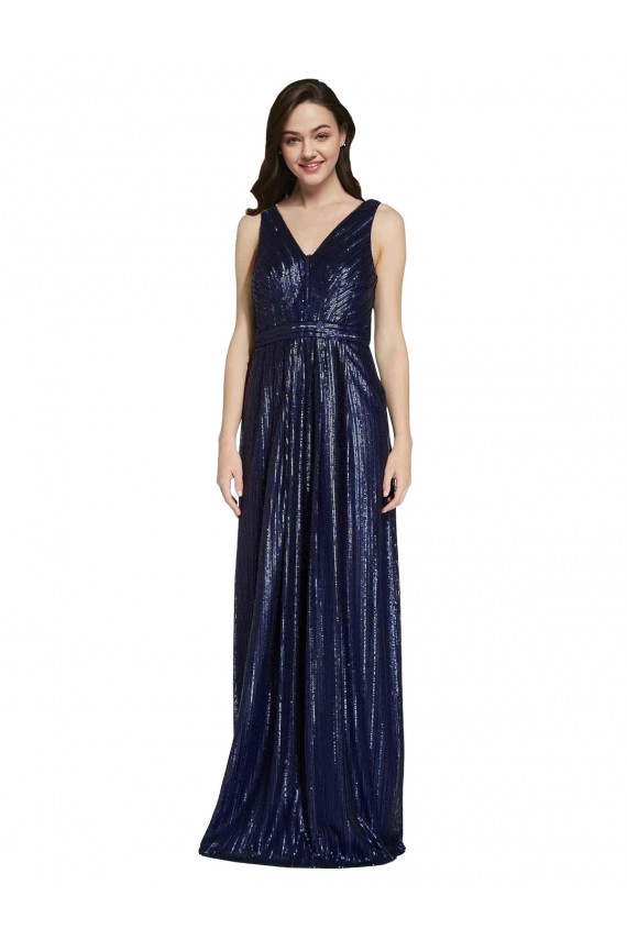 Sleeveless Dark Navy V-Back Sheath V-Neck Formal Evening Dress