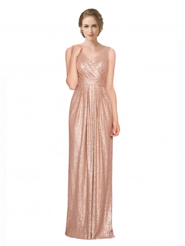 Sleeveless Rose Gold Sheath V-Neck Evening Dress UK Factory