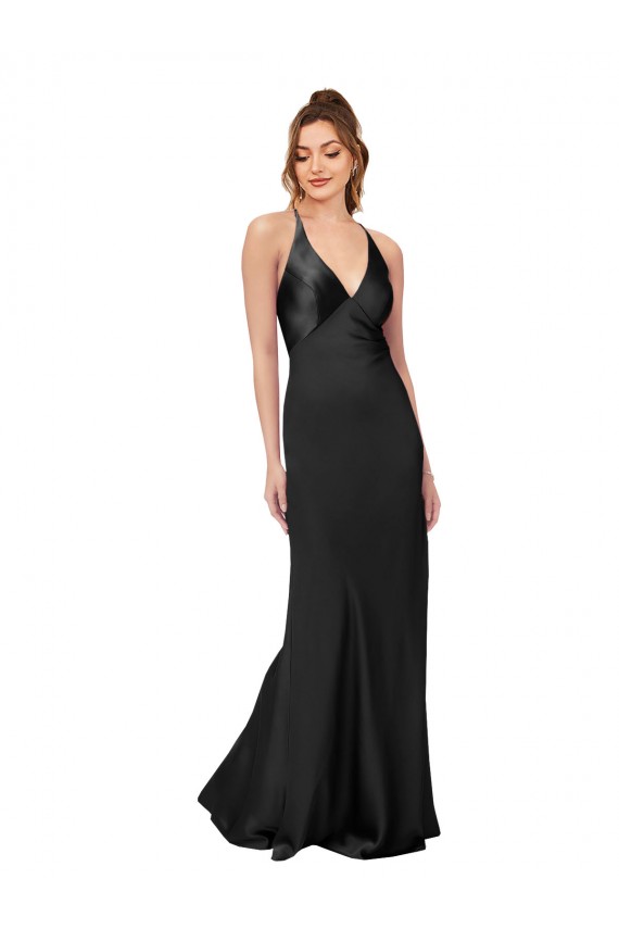 Sleeveless Black Criss Cross Back Sheath V-Neck Black Tie Evening Dress