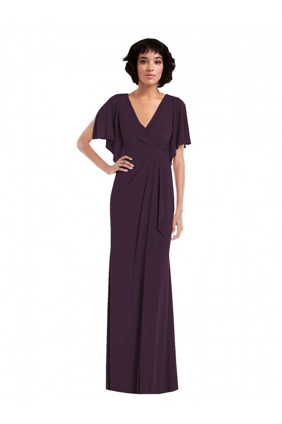 Split Sleeves Grape Sheath V-Neck Formal Evening Dress