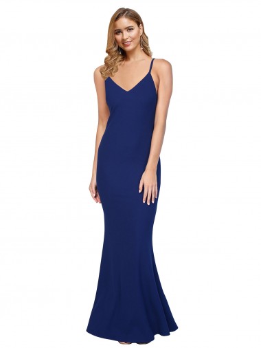 Sleeveless Royal Blue Low Back Sheath V-Neck Formal Dress UK Factory