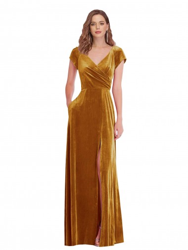 Cap Sleeves Gold Sheath V-Neck Formal Evening Dress UK Factory