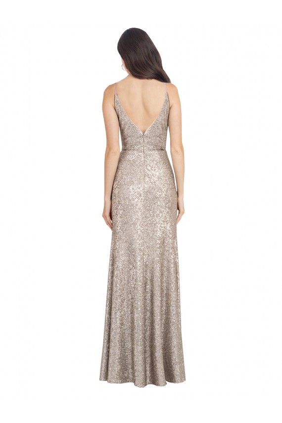 Sleeveless Silver V-Back Sheath V-Neck Formal Evening Dress