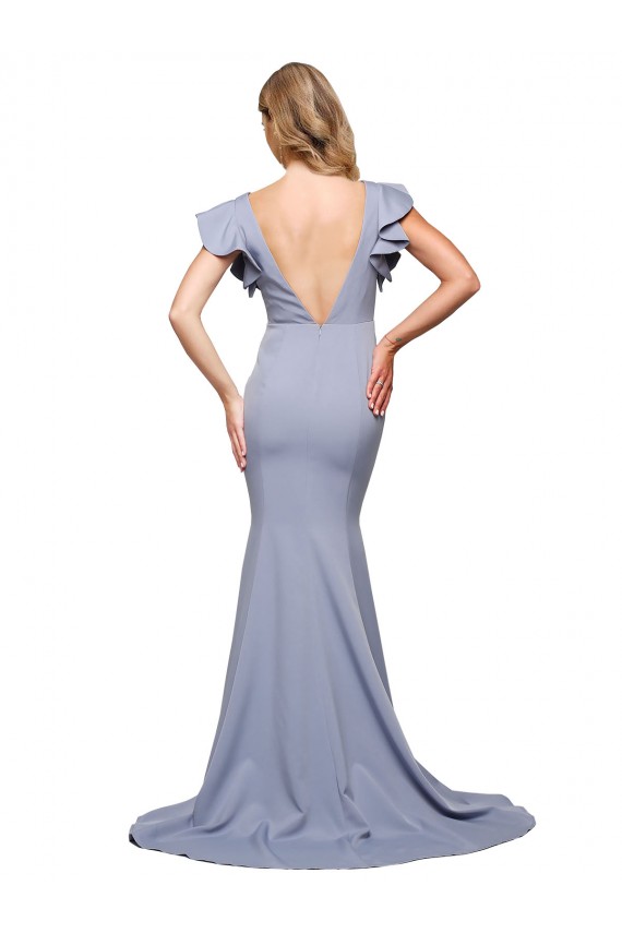 Sleeveless Smoke Blue V-Back Mermaid Round Neck Formal Evening Dress