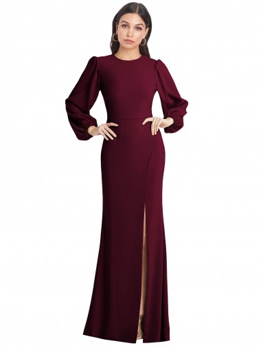 Puff Sleeves Burgundy Gold Open Back Trumpet Bateau Neck Formal Dress UK Factory