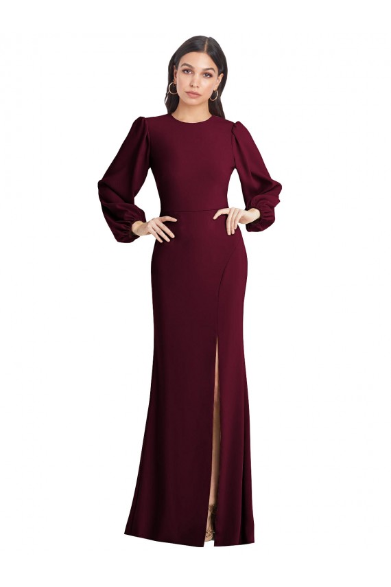 Puff Sleeves Burgundy Gold Open Back Trumpet Bateau Neck Formal Dress