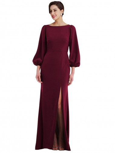 Long Sleeves Burgundy Gold Open Back Trumpet Bateau Neck Formal Evening Dress UK Factory