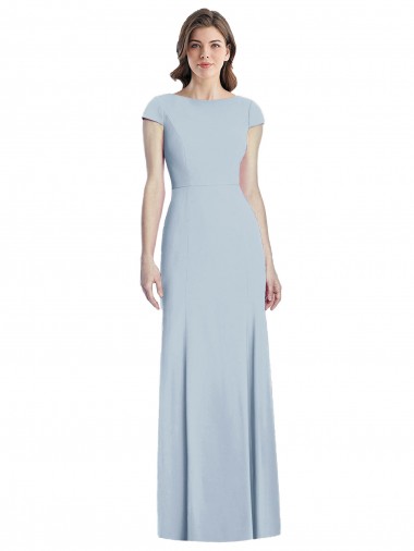 Cap Sleeves Light Sky Blue Open Back Trumpet Bateau Neck Formal Dress UK Factory