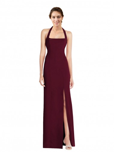 Sleeveless Burgundy Gold Open Back Trumpet Halter Neck Semi Formal Evening Dress UK Factory