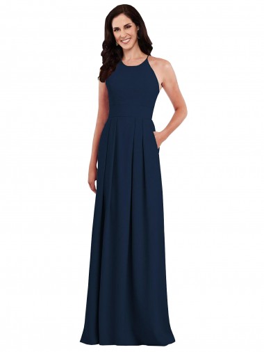 Sleeveless Dark Navy Criss Cross Open Back Trumpet Halter Neck Semi Formal Evening Dress UK Factory