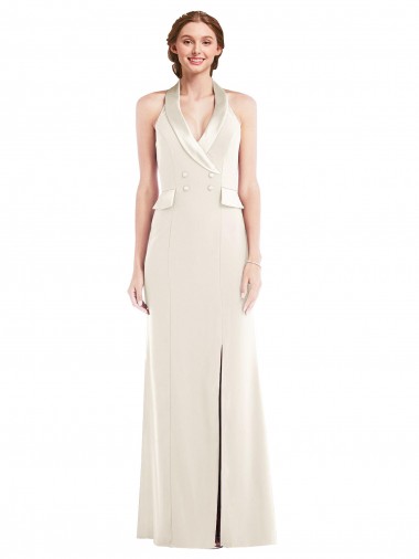 Sleeveless Ivory Low Back Trumpet Halter Neck Semi Formal Evening Dress UK Factory