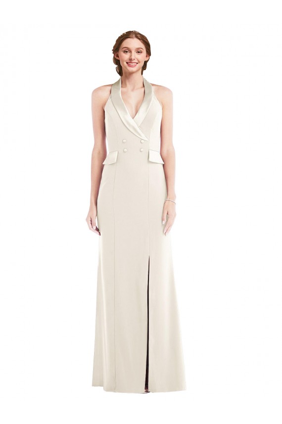 Sleeveless Ivory Low Back Trumpet Halter Neck Semi Formal Evening Dress