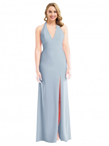 Sleeveless Light Sky Blue Open Back Trumpet Halter Neck Evening Dress UK Factory