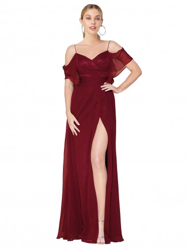 Cold Shoulder Burgundy V-Back Trumpet Off the Shoulder Formal Evening Dress UK Factory