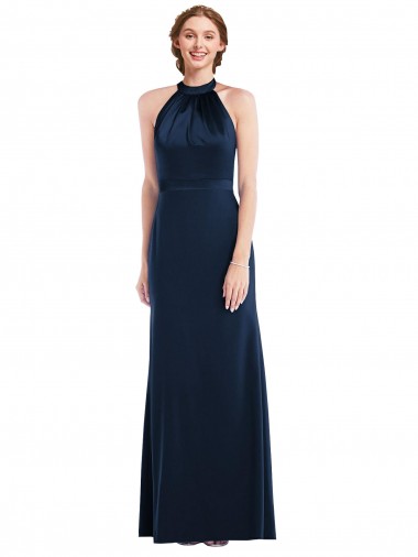 Sleeveless Dark Navy Open Back Trumpet High Neck Semi Formal Evening Dress UK Factory