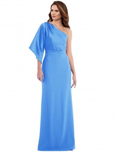 Bell Sleeves Peacock Blue Trumpet One Shoulder Semi Formal Evening Dress UK Factory