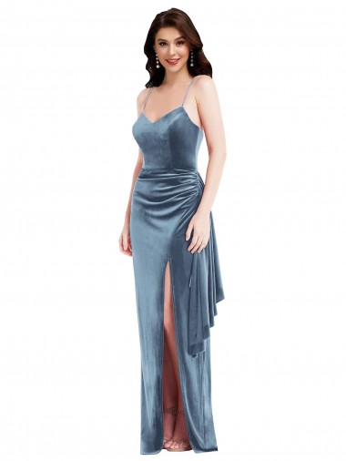 Sleeveless Dusty Blue Low Back Trumpet Spaghetti Straps Formal Evening Dress UK Factory