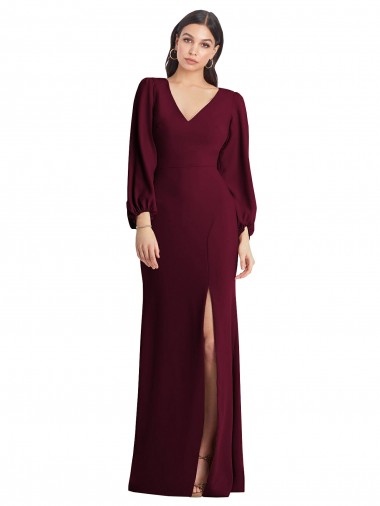 Puff Sleeves Burgundy Gold Trumpet V-Neck Semi Formal Evening Dress UK Factory