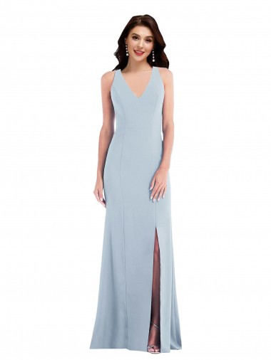 Sleeveless Light Sky Blue Criss Cross Back Trumpet V-Neck Evening Dress UK Factory