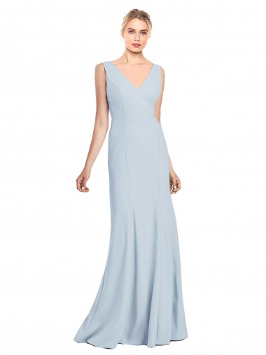 Sleeveless Light Sky Blue Low Back Trumpet V-Neck Evening Dress UK Factory